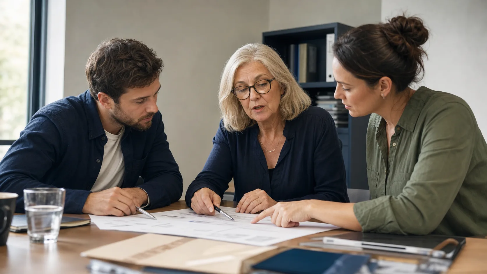 Professionnelle expérimentée examinant les départs prévisionnels avec deux collègues