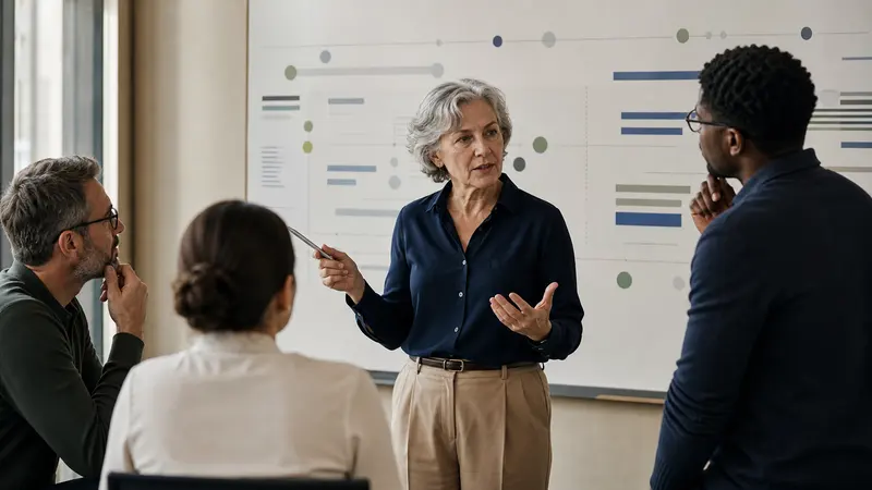 Responsable expérimentée présentant une analyse des départs et de l’emploi senior à un comité