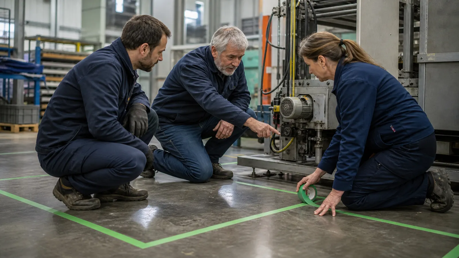 Expert senior, responsable et technicien délimitant ensemble une mission sur un équipement industriel