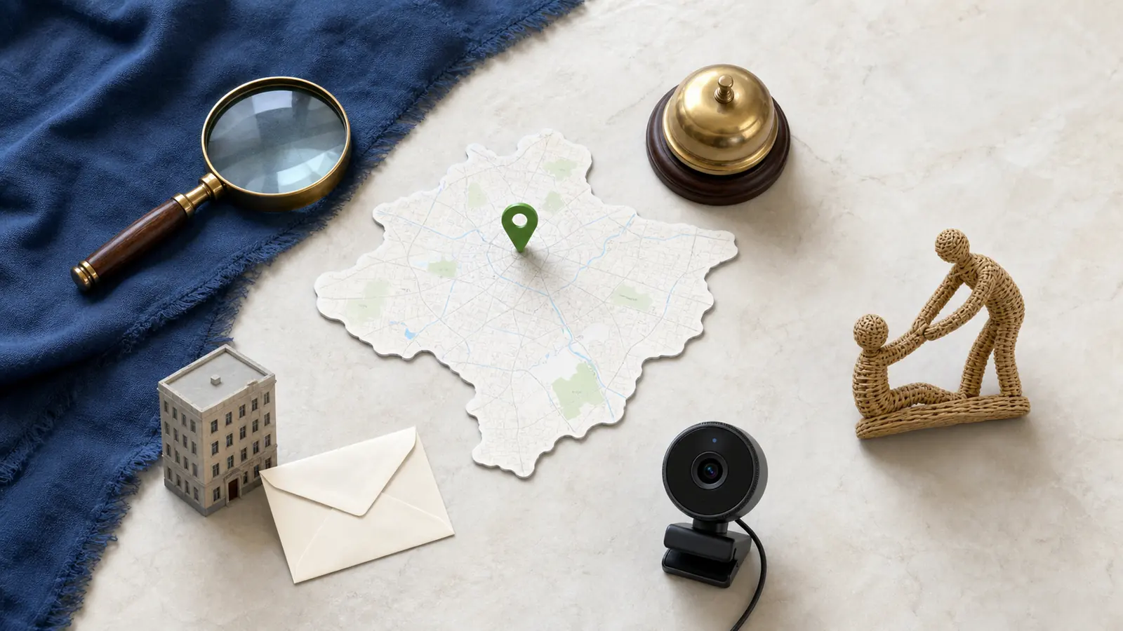 Carte non légendée avec repère vert entourée d’une loupe, d’une cloche, d’un bâtiment avec enveloppe, d’une webcam et d’un objet tressé séparé.