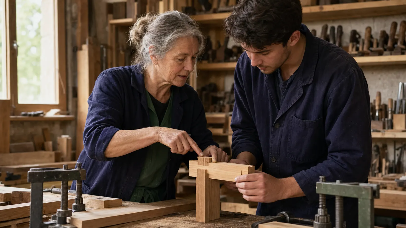 Artisane expérimentée transmettant un geste précis d’assemblage du bois dans un atelier