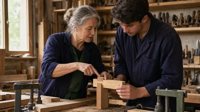 Artisane expérimentée transmettant un geste précis d’assemblage du bois dans un atelier