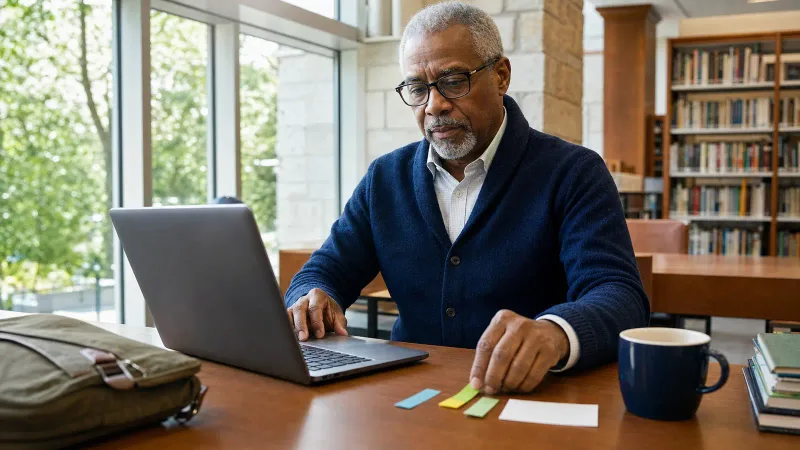 Professionnel expérimenté consultant un ordinateur en médiathèque et classant des repères colorés sur la table.