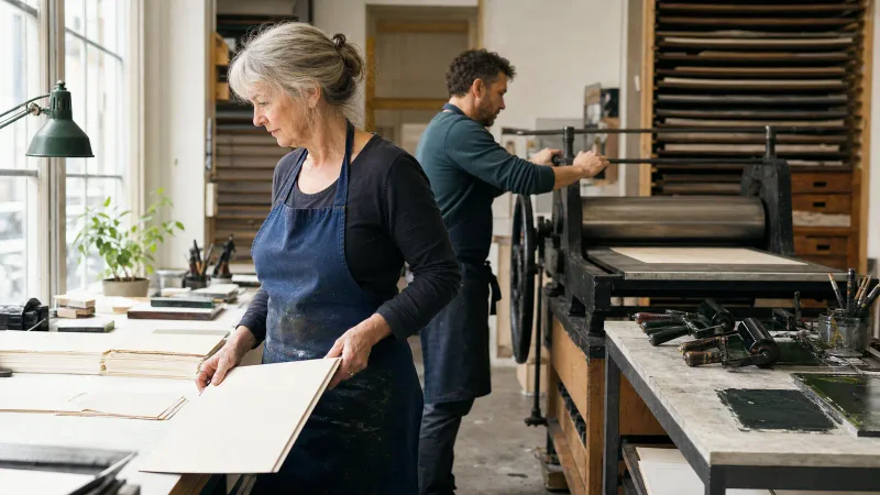 Imprimeuse expérimentée préparant des feuilles tandis qu’un collègue utilise la presse dans l’atelier.