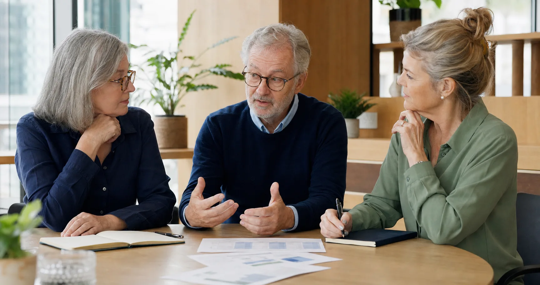 Trois professionnels seniors échangent sur la poursuite de leur activité avant la retraite
