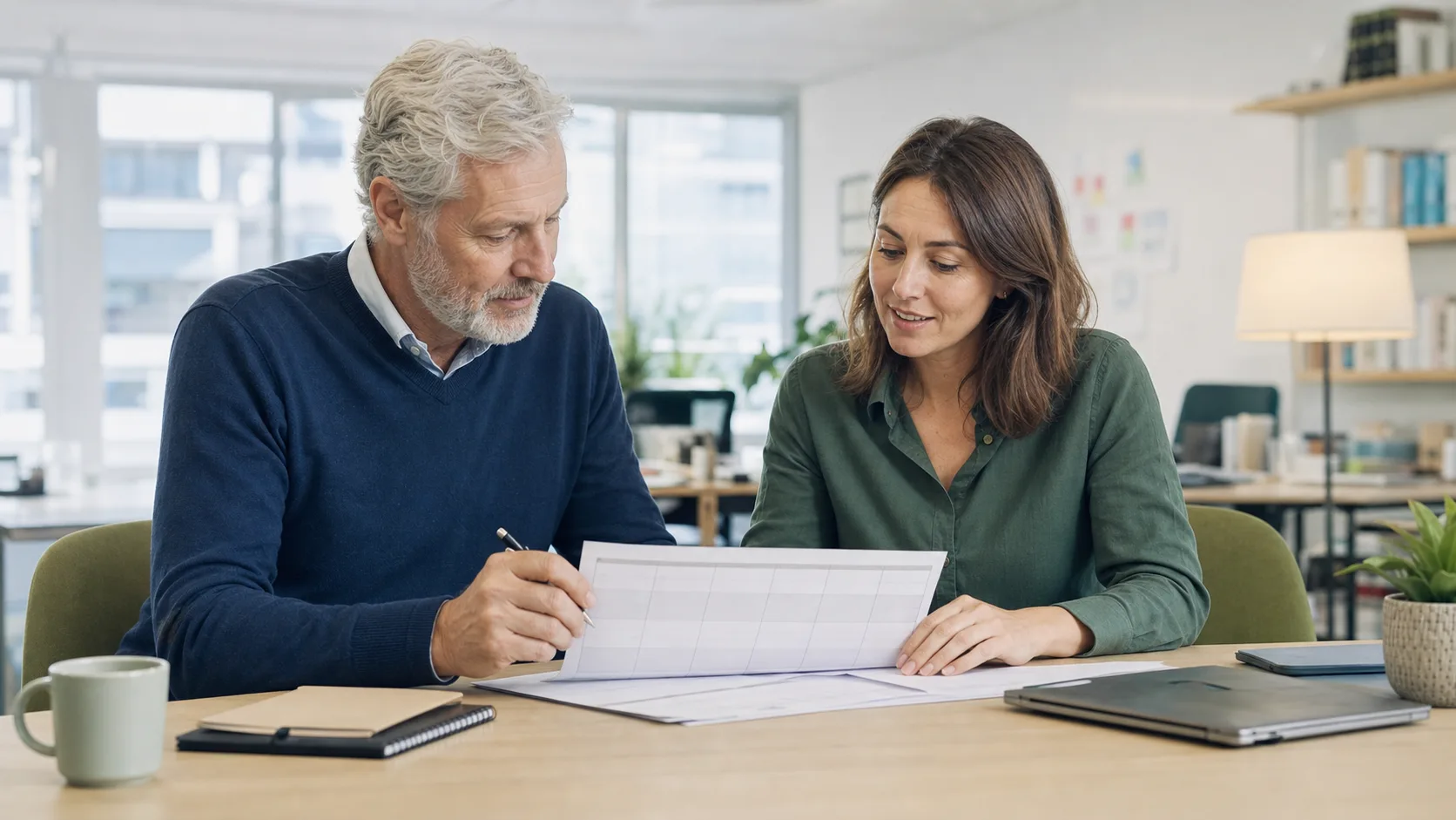 Professionnel expérimenté et collègue examinant ensemble un planning de temps de travail